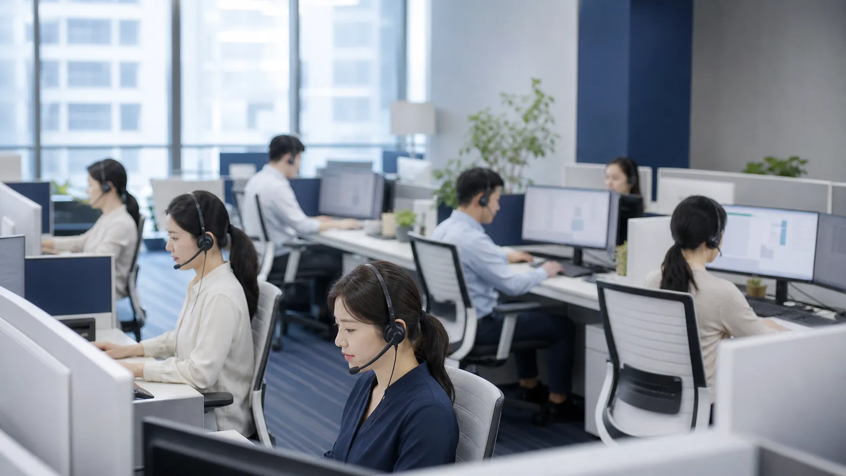 밝고 정돈된 고객상담센터에서 여러 상담사가 헤드셋을 착용하고 업무를 수행하는 모습