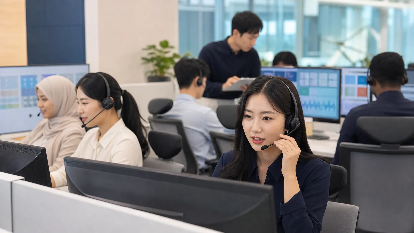 다국어 상담사들이 공공 민원 상담 화면을 보며 통화를 지원하는 모습
