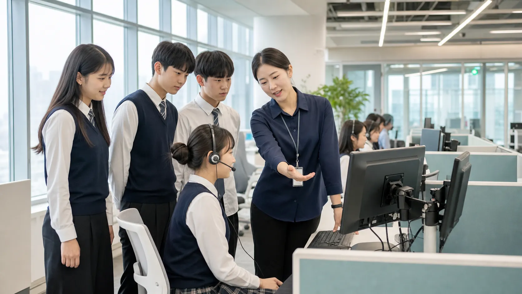 특성화고 졸업예정자들이 상담 업무 시연을 지켜보는 모습