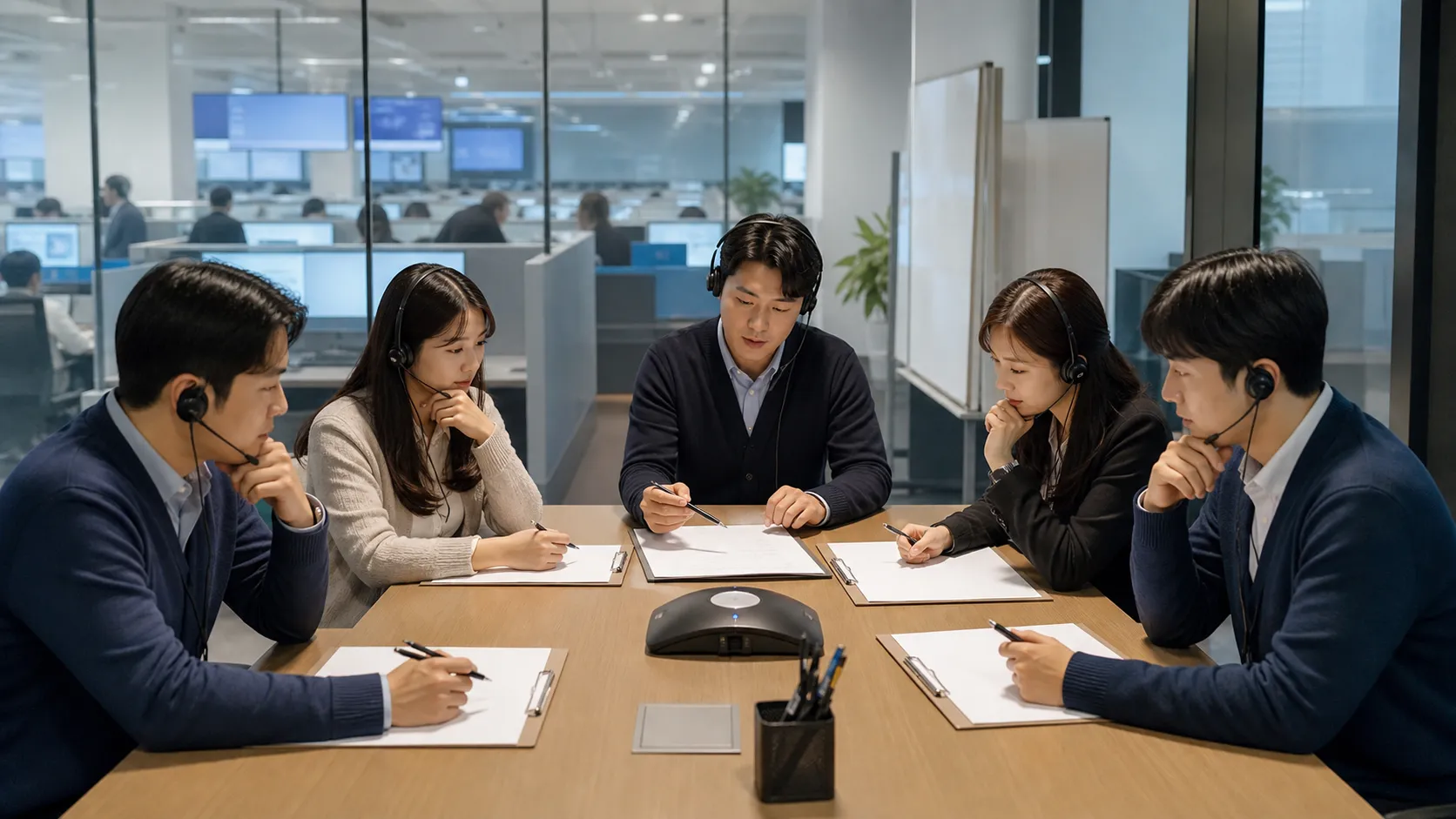 여러 센터 담당자들이 같은 통화 품질 기준표를 검토하는 모습