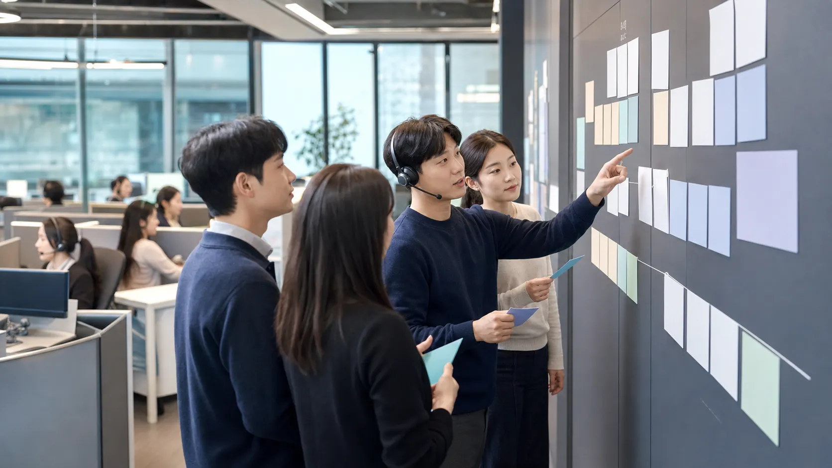 상담사와 서비스디자인 담당자들이 고객 여정 카드를 검토하는 모습