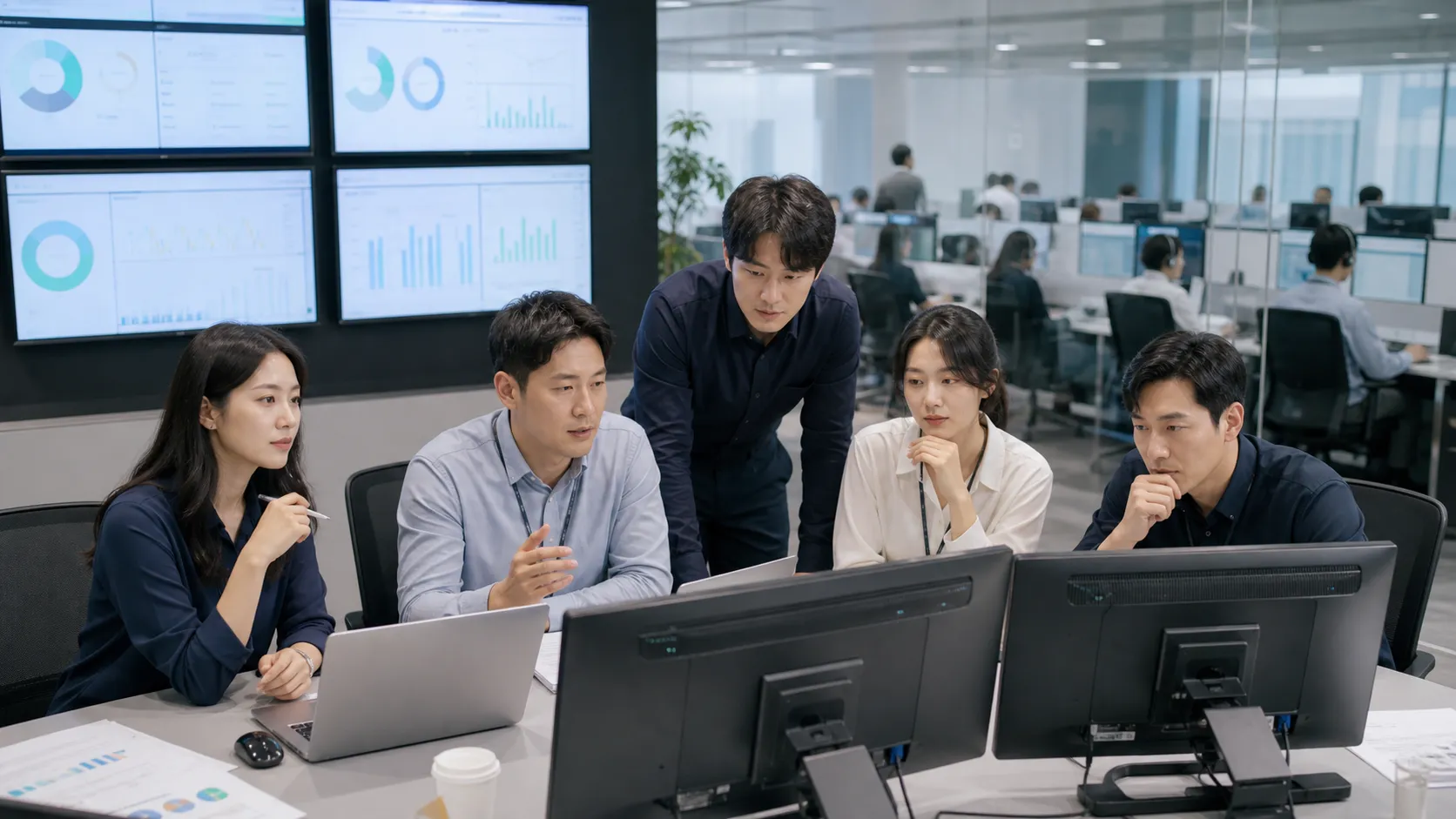 다섯 명의 운영 담당자가 여러 상담 채널의 품질 현황을 확인하는 모습